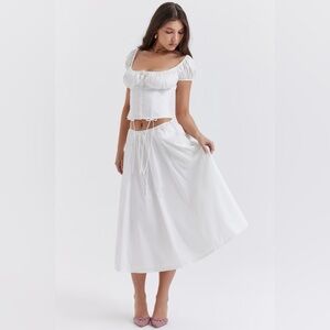 new house of cb cora poplin midi drawstring cotton skirt in white
